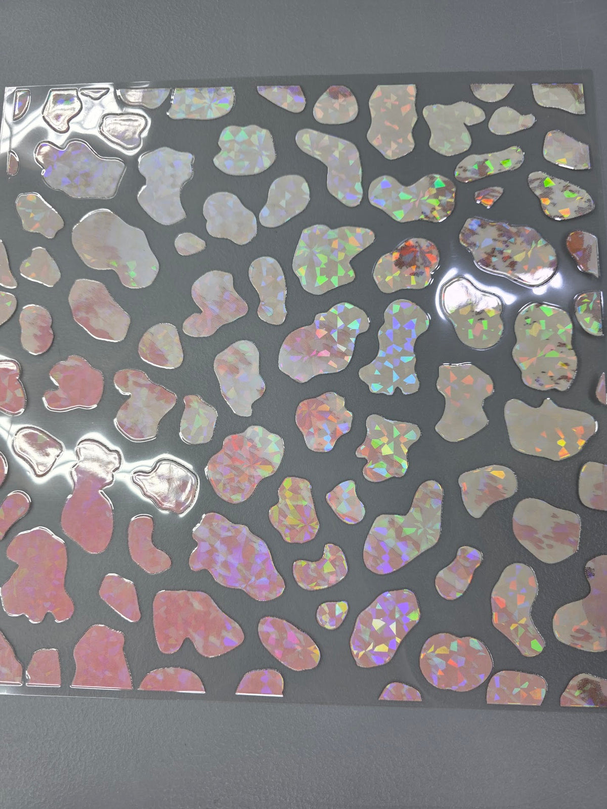 UVDTF Shattered Holographic Ivory to Pink Rounded Cow Print 11x11"