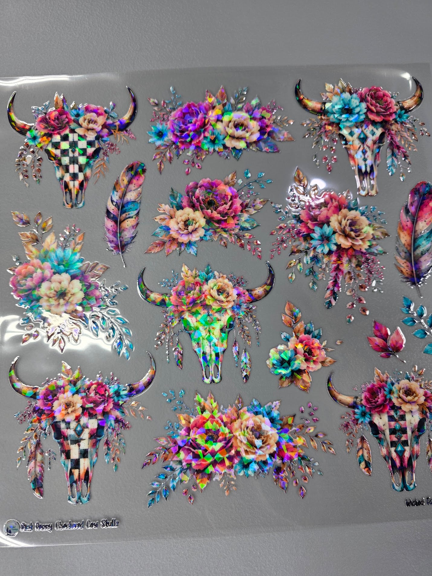 UVDTF Shattered Holographic Pink Peony Checkered Cow Skulls 11"x11"