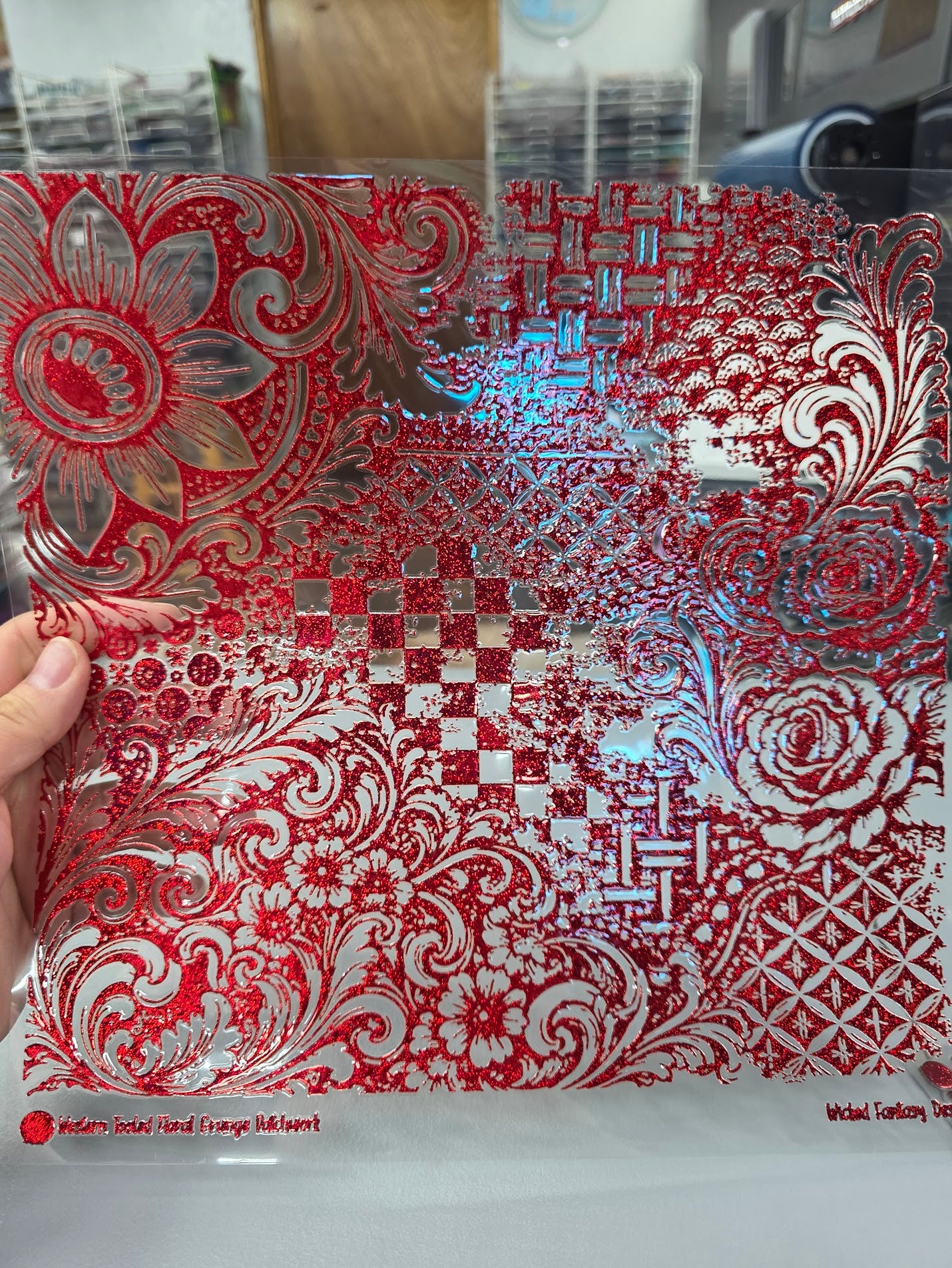 UVDTF Prism Red Metallic Western Tooled Floral Grunge Patchwork 11"x11"