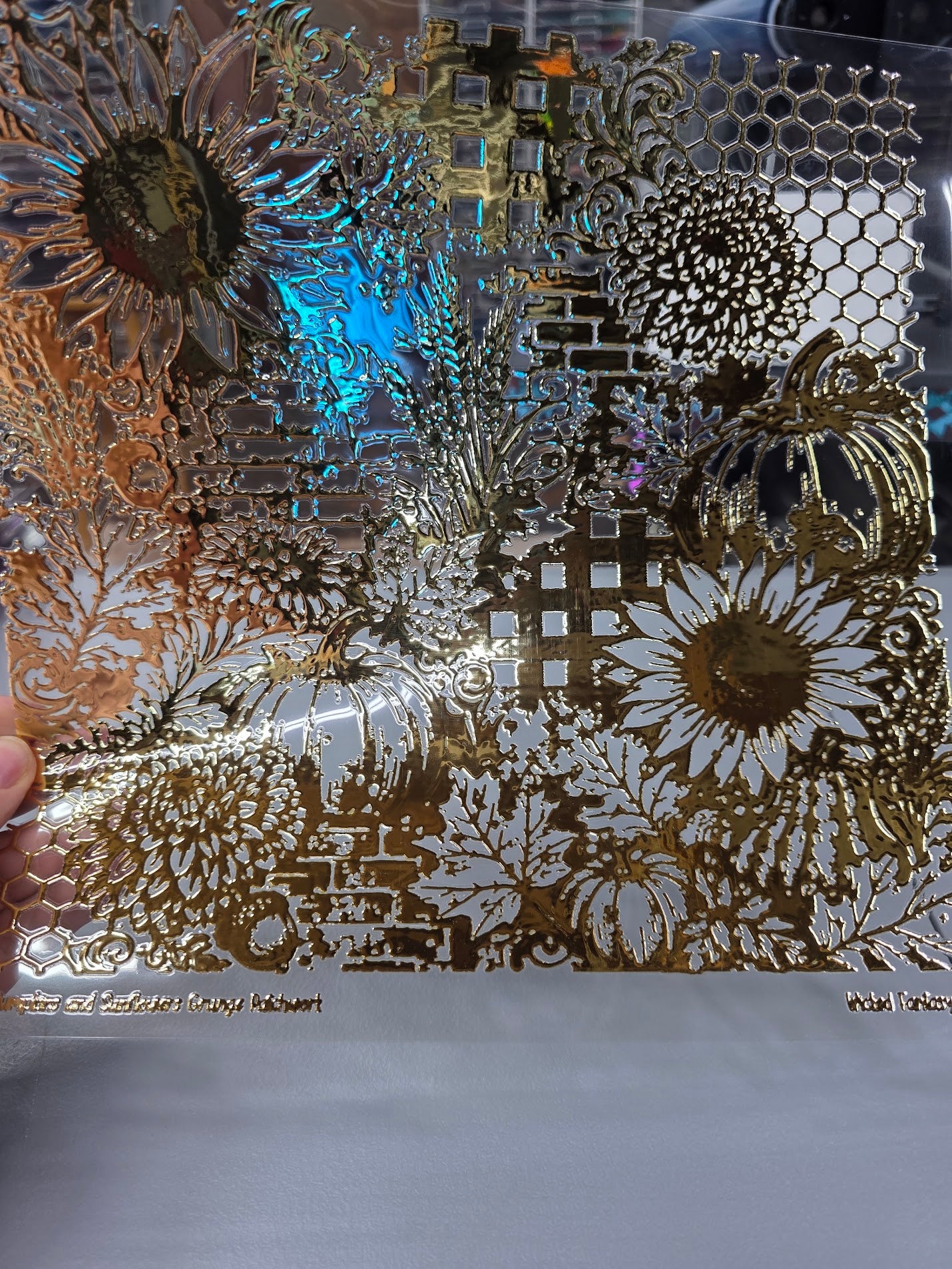 UVDTF Champagne Metallic Pumpkins and Sunflowers Grunge Patchwork 11"x11"