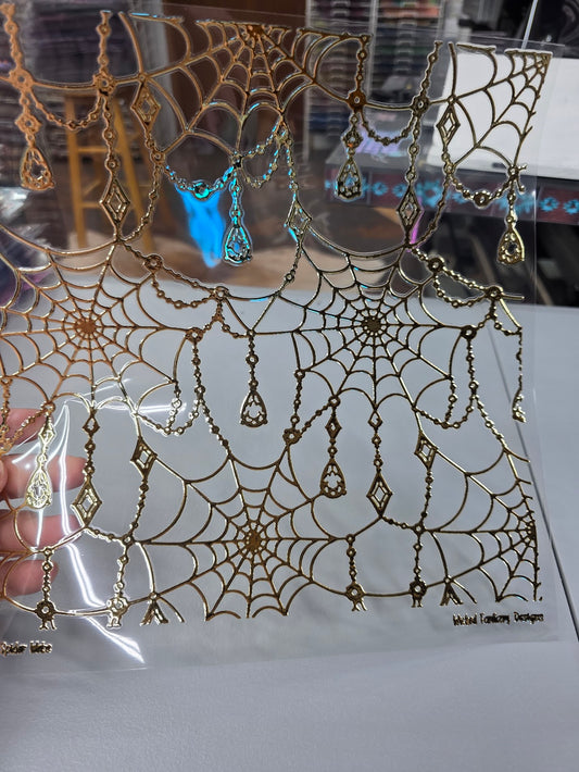 UVDTF Champagne Metallic Jeweled Spider Webs 11"x11"