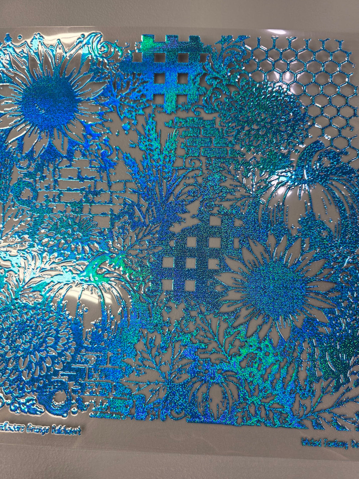 UVDTF Prism Blue Holographic Pumpkins and Sunflowers Grunge Patchwork 11"x11"