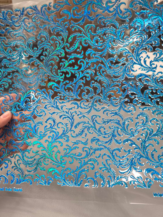 UVDTF Prism Blue Holographic Small Tooled Flourish 11"x11"