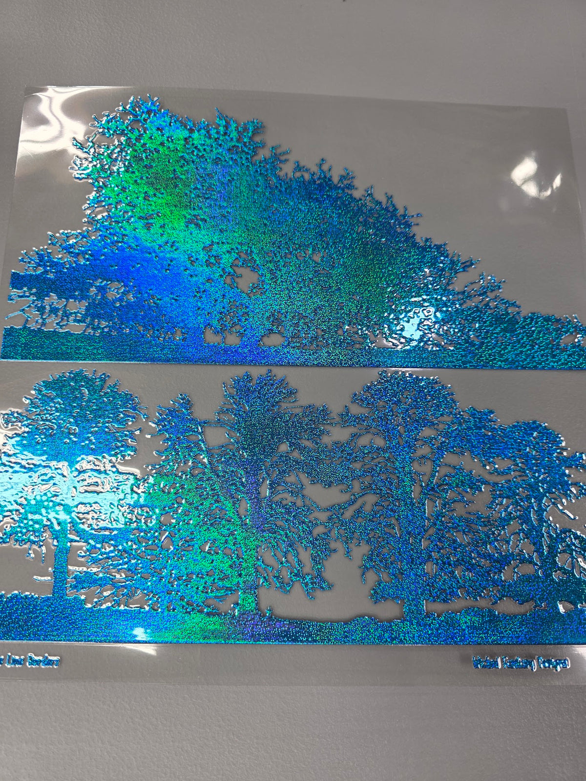 UVDTF Prism Blue Holographic Deciduous Tree Line Silhouettes 11"x11"