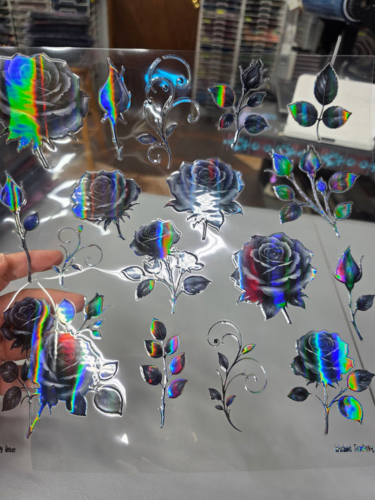 UVDTF Laser Holographic Grey Roses 11"x11"