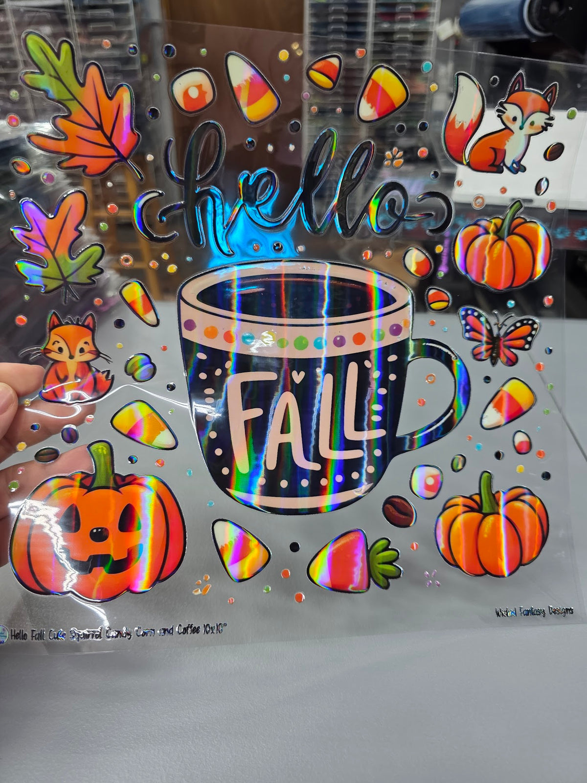 UVDTF Laser Holographic Hello Fall Squirrel Candy Corn and Coffee 11"x11"