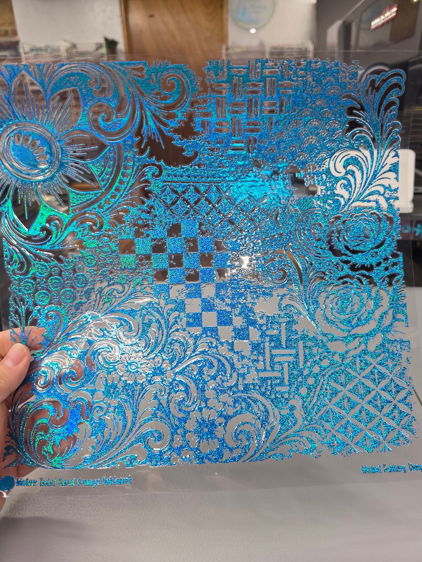 UVDTF Prism Blue Holographic Western Tooled Floral Grunge Patchwork 11"x11"