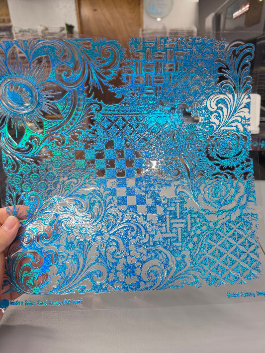 UVDTF Prism Blue Holographic Western Tooled Floral Grunge Patchwork 11"x11"
