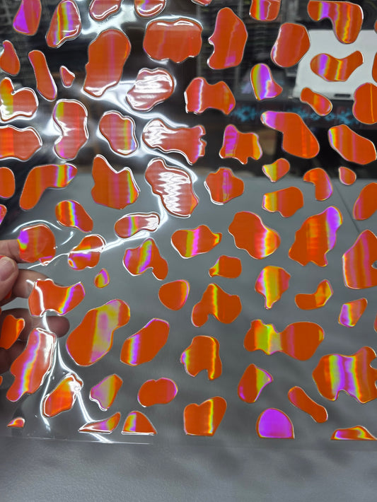UVDTF Laser Holographic Orange Rounded Cow Print 11"x11"