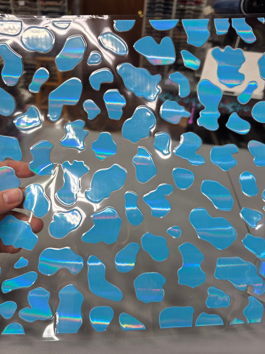 UVDTF Laser Holographic Aqua Rounded Cow Print 11"x11"