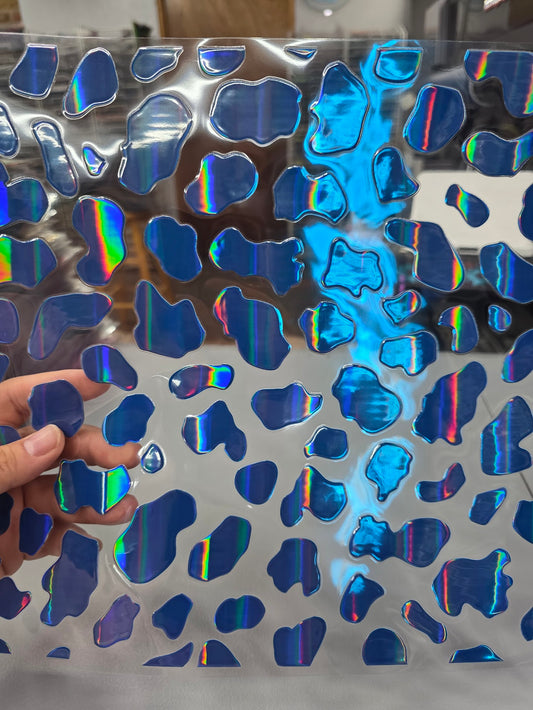 UVDTF Laser Holographic Marine Blue Rounded Cow Print 11"x11"