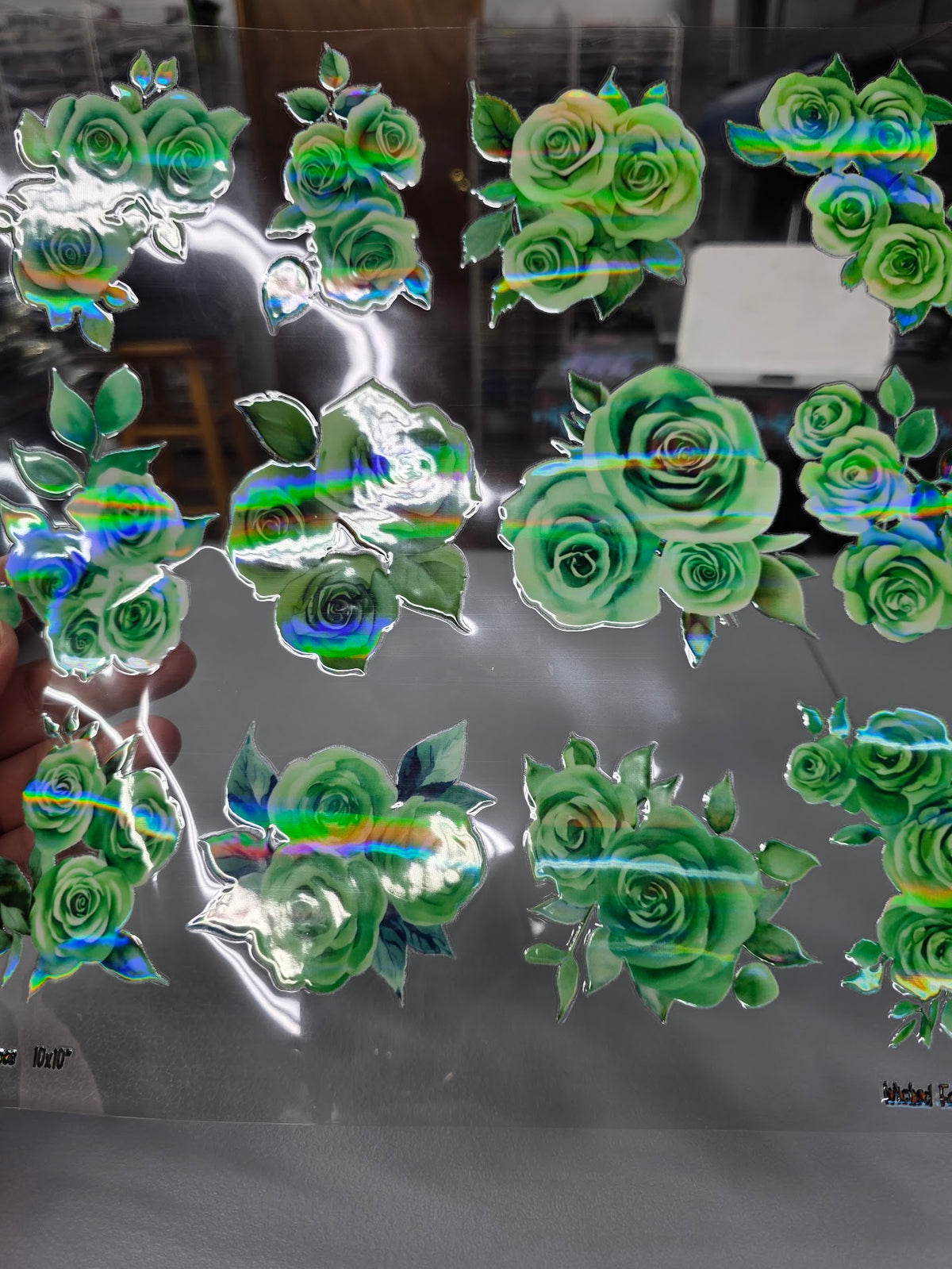 UVDTF Laser Holographic Green Roses 11"x11"