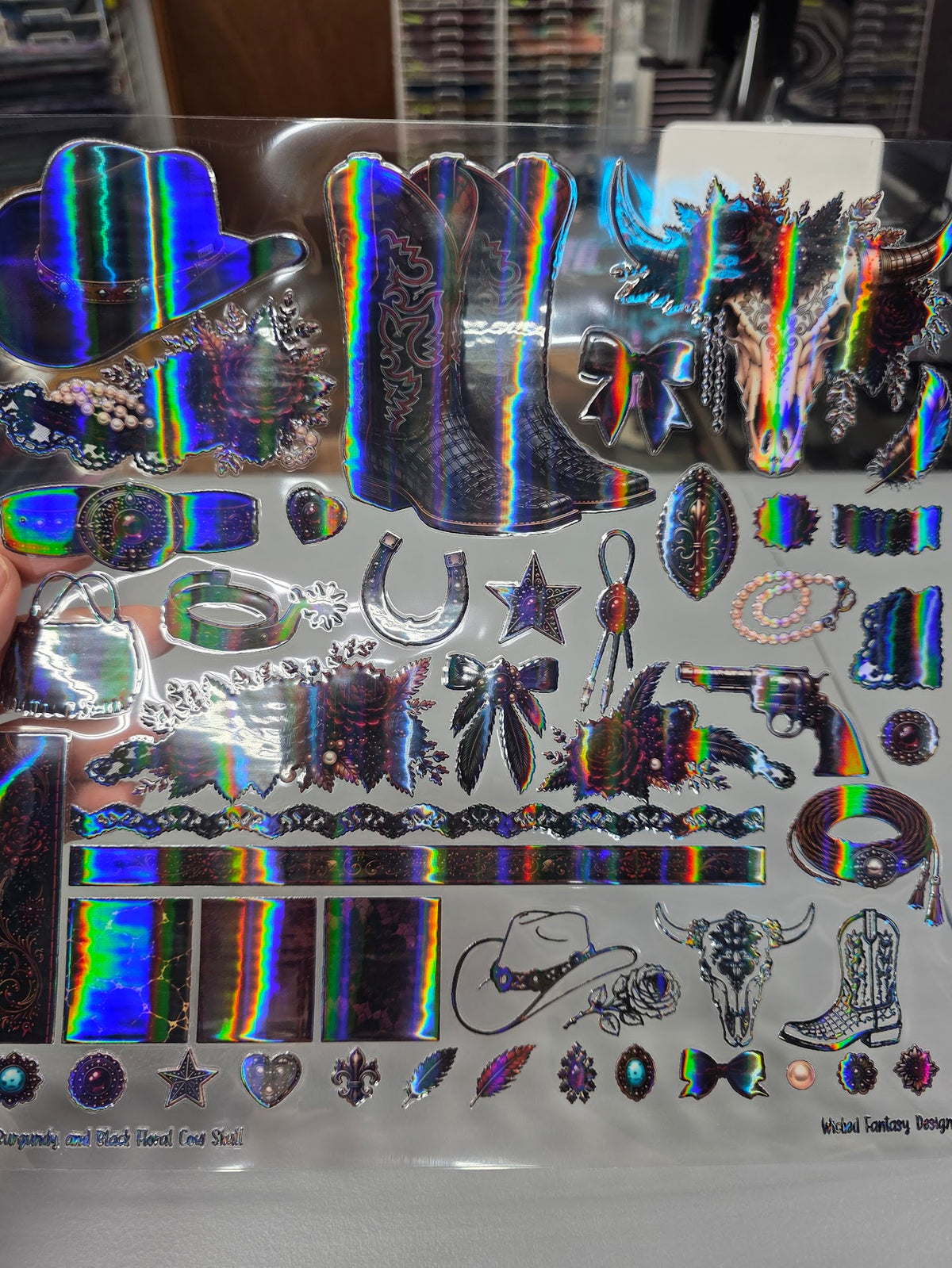 UVDTF Laser Holographic Burgundy and Black Floral Cow Skull 11"x11"