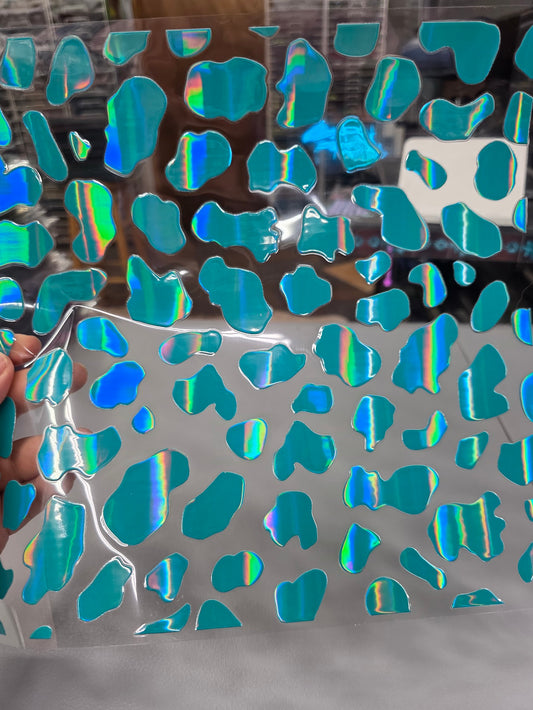 UVDTF Laser Holographic Teal Rounded Cow Print 11"x11"