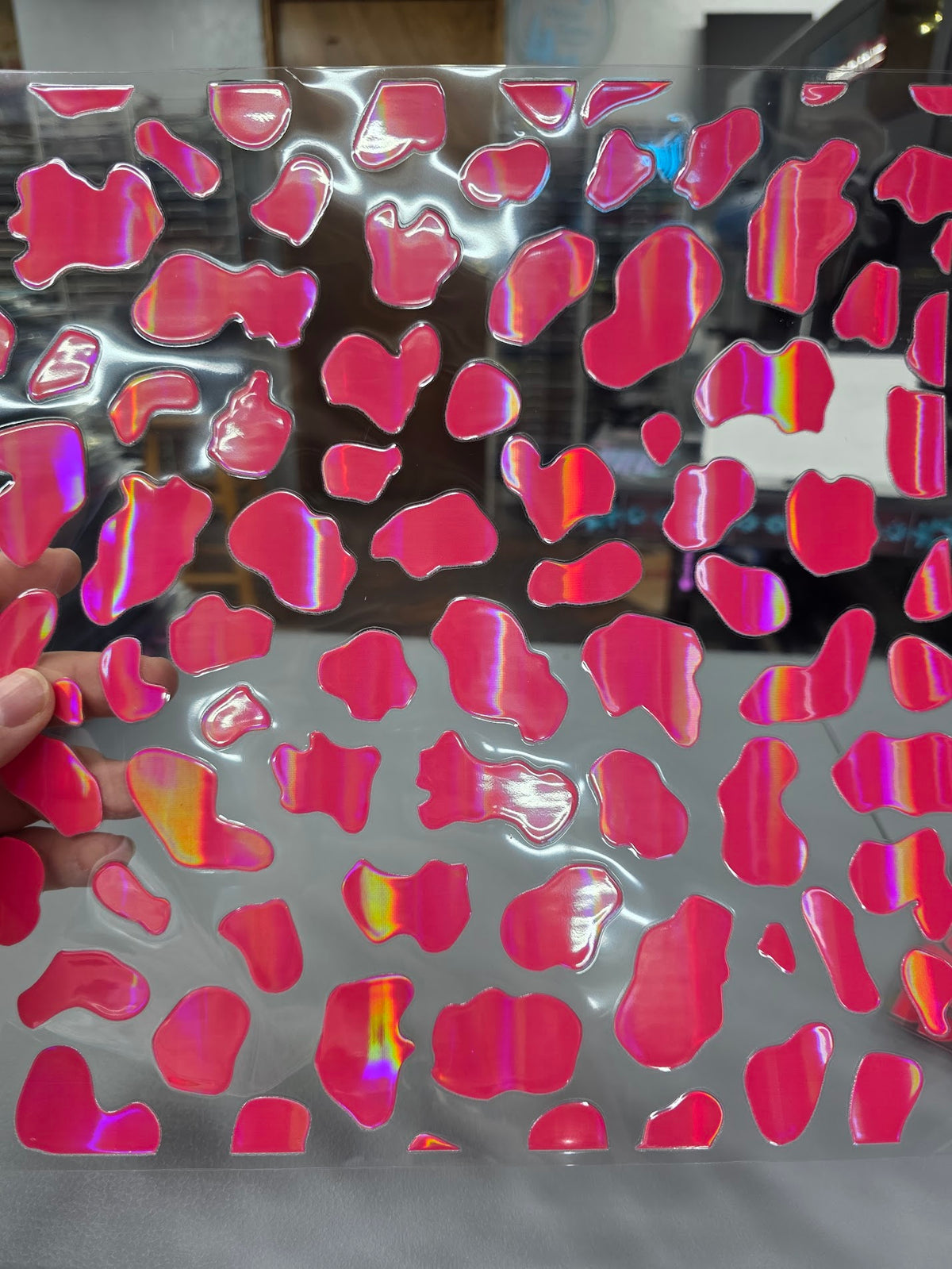 UVDTF Laser Holographic Pink Rounded Cow Print 11"x11"