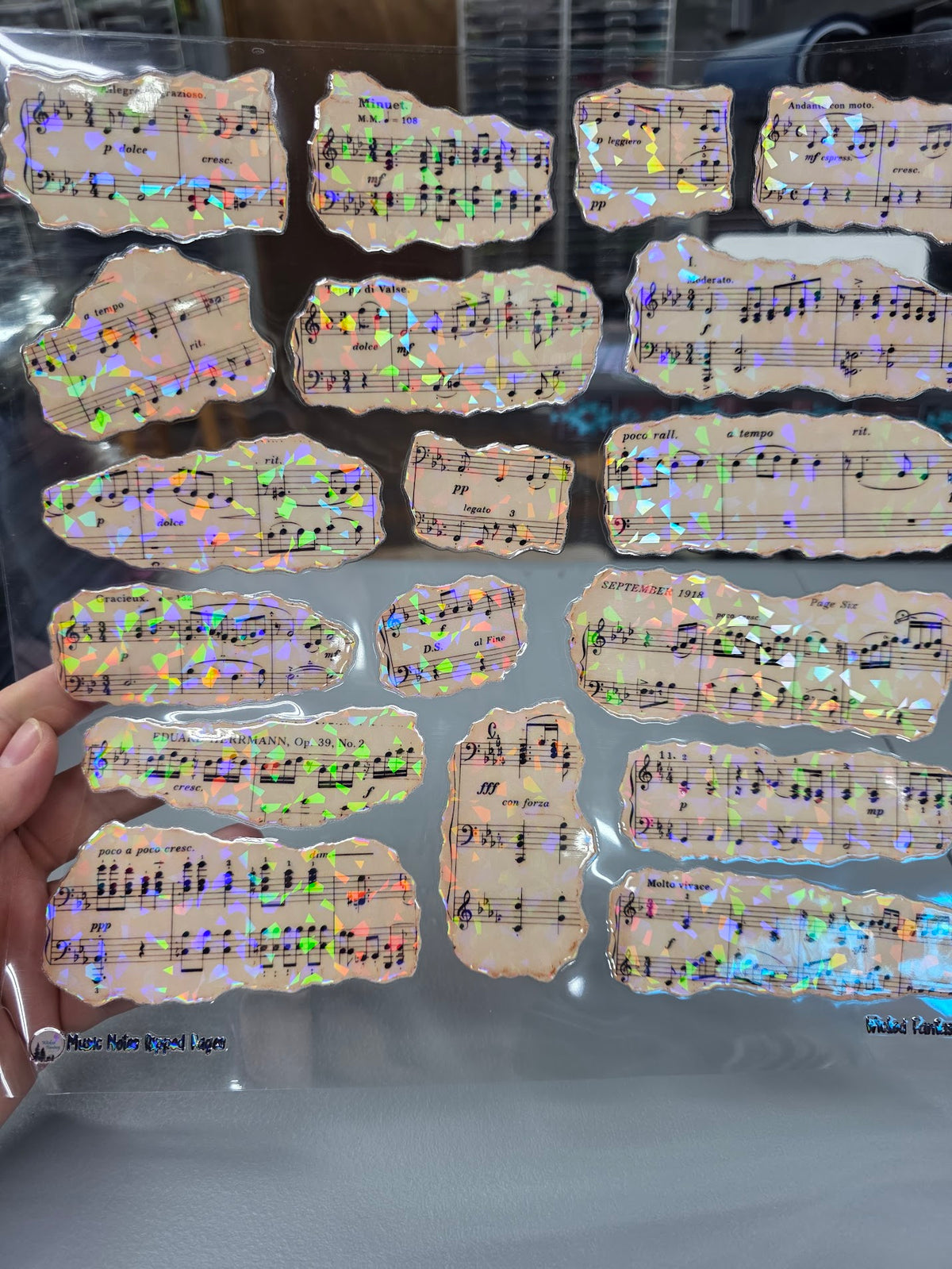 UVDTF Shattered Holographic Music Notes Ripped Pages 11"x11"