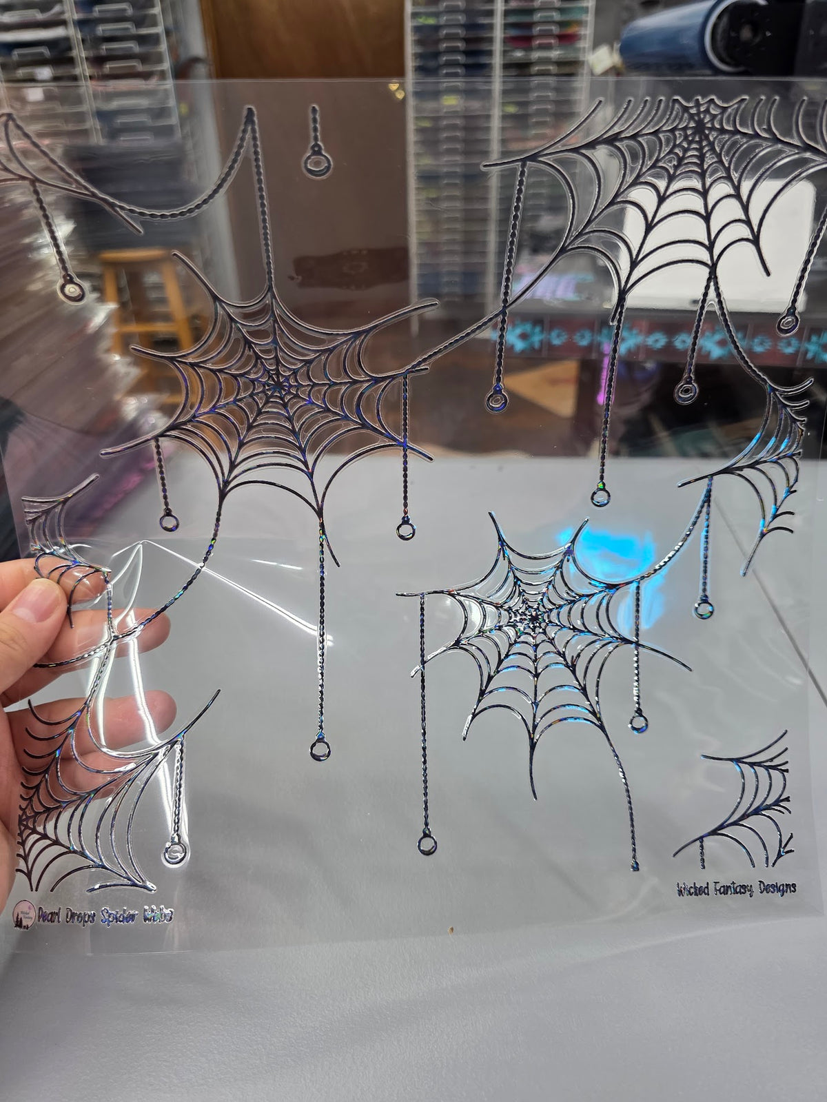 UVDTF Shattered Holographic Black Pearl Drops Spider Webs 11"x11"