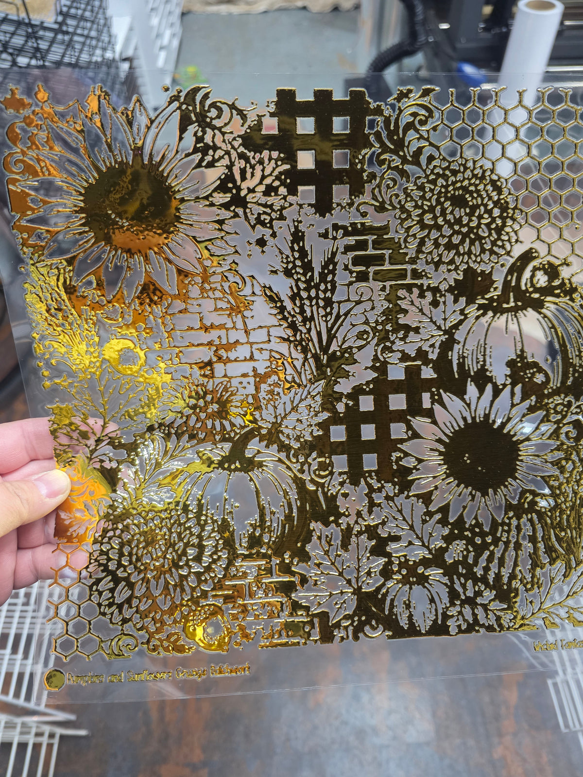 UVDTF Gold Metallic Pumpkins and Sunflowers Grunge Patchwork 11"x11"