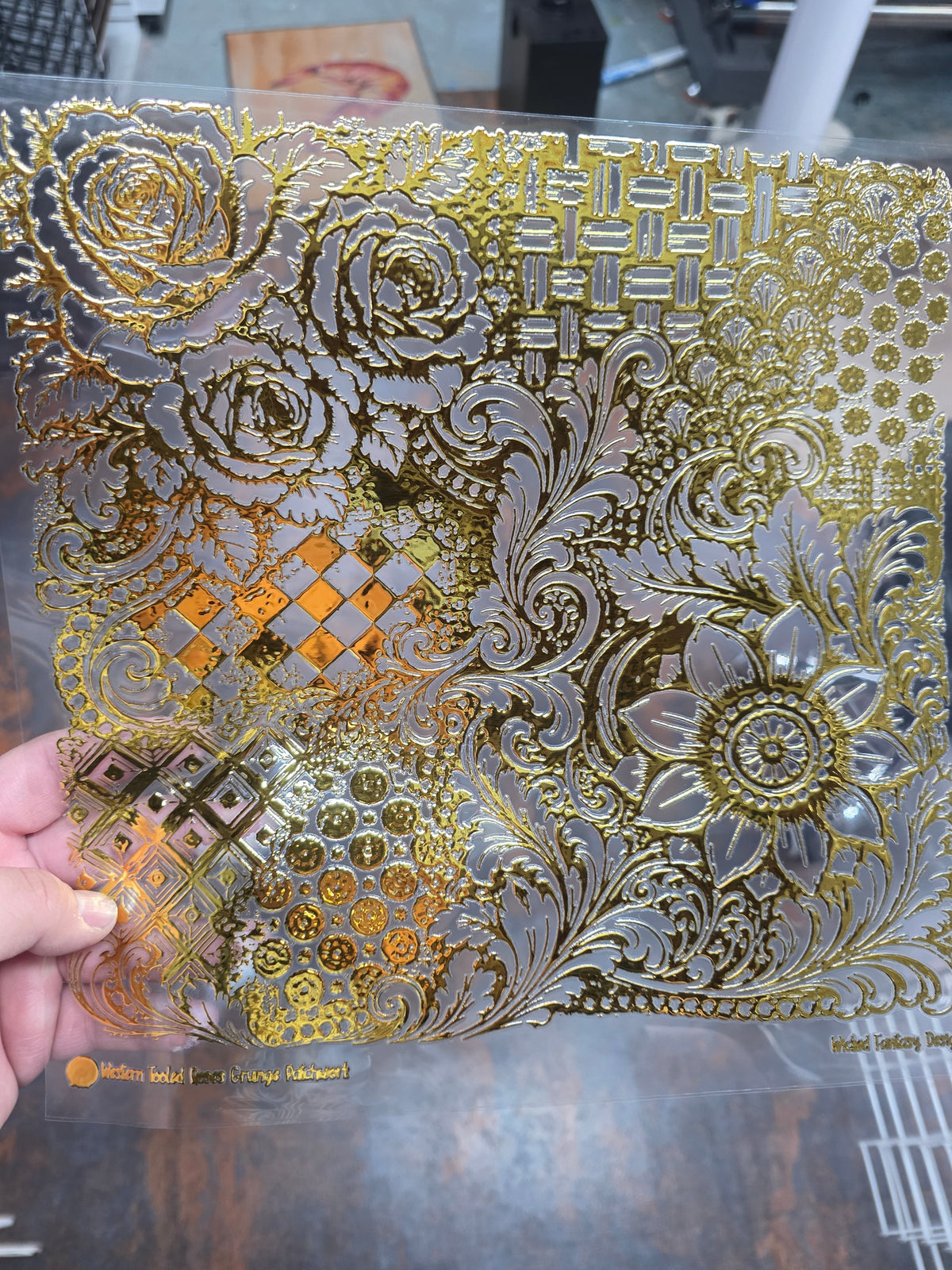 UVDTF Gold Metallic Western Tooled Roses Grunge Patchwork 11"x11" (Copy)