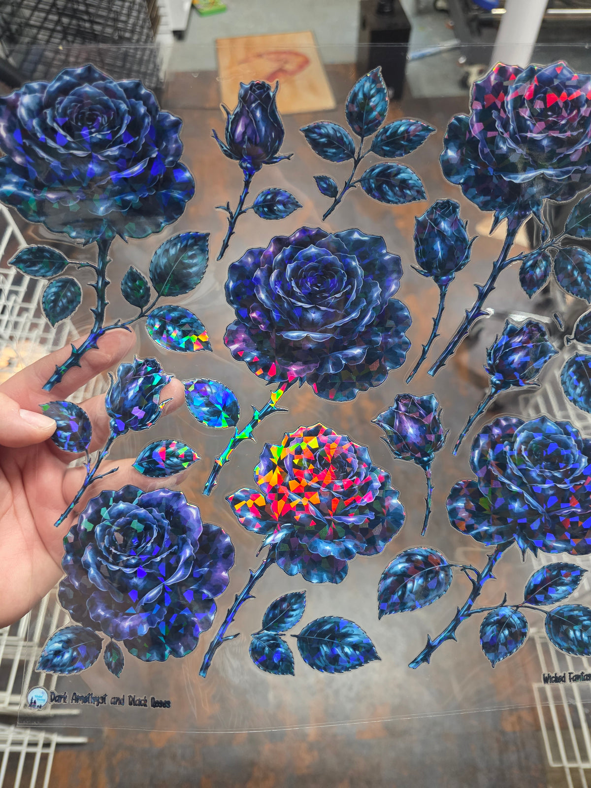 UVDTF Shattered Holographic Dark Amethyst Roses 11x11"
