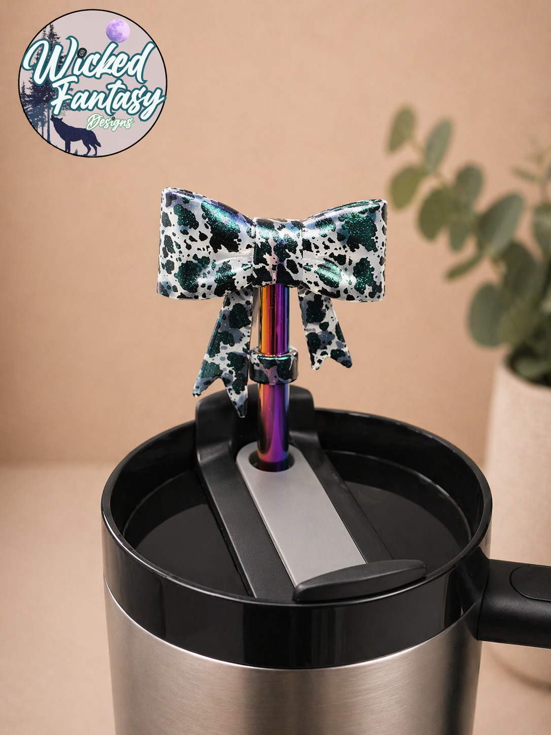 Opal Cow Print Bow Silicone Straw Topper