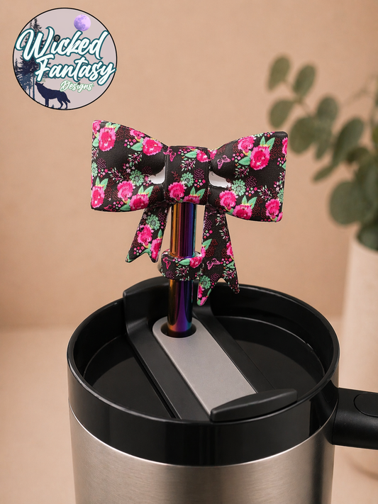 Pink Brown Floral Bow Silicone Straw Topper
