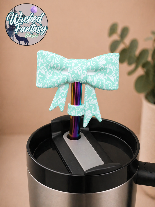 Teal Tooled Bow Silicone Straw Topper