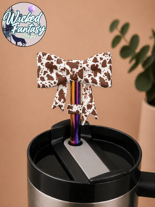Brown Cow Print Bow Silicone Straw Topper