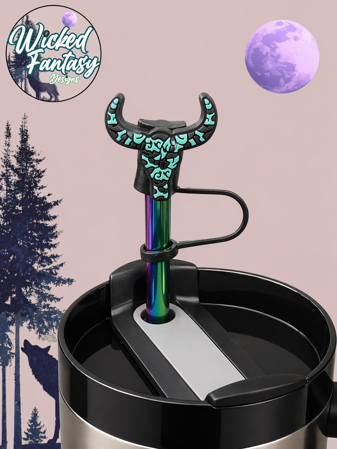 Teal Tooled Cow Skull Silicone Straw Topper