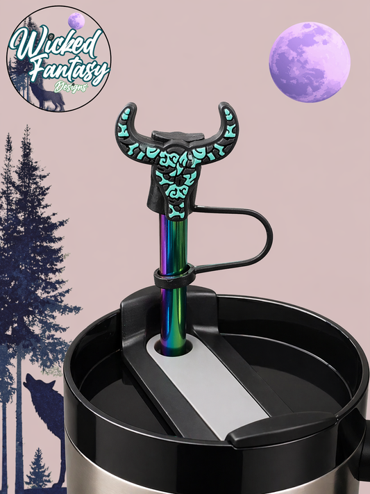 Teal Tooled Cow Skull Silicone Straw Topper