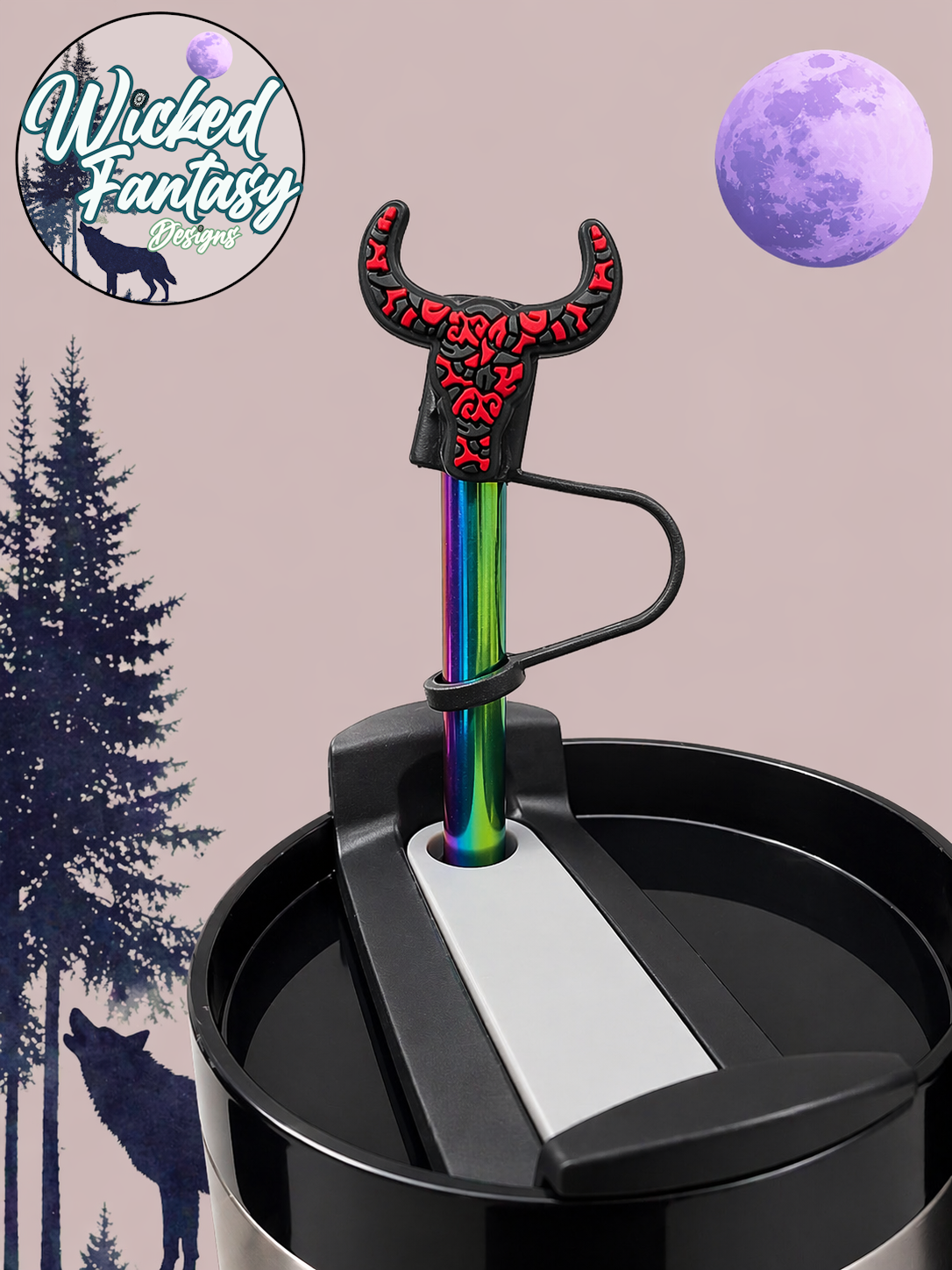 Red Tooled Cow Skull Silicone Straw Topper