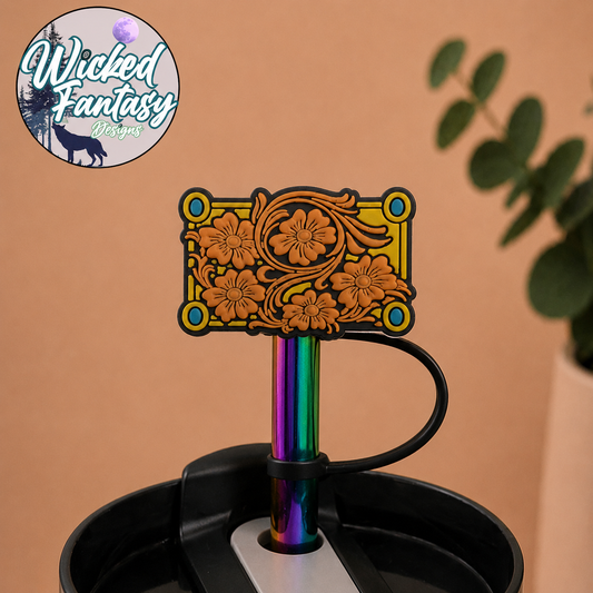 Tooled Leather Silicone Straw Topper