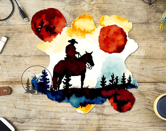 UVDTF Decal Watercolor Cowboy and Horse in Wilderness 1pc
