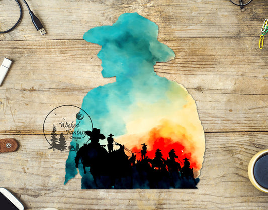 UVDTF Decal Watercolor Cowboy Horse Trail Riders in Wilderness 1pc