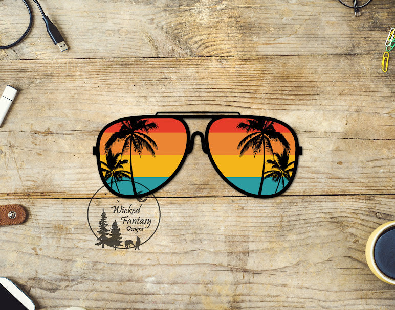 UVDTF Beach Sunrise and Palm Trees in Sunglasses 1pc