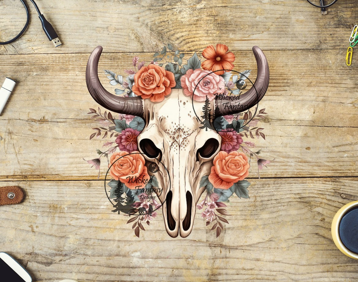 UVDTF Cow Skull Orange Red and Pink Flowers 1pc