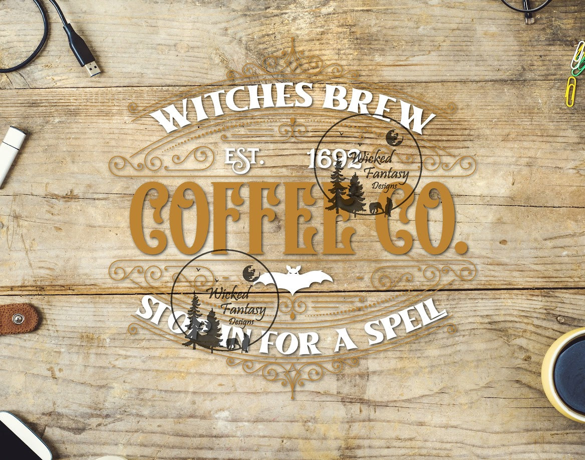 UVDTF Witches Brew Coffee Co. Stop In For A Spell White Text 1pc