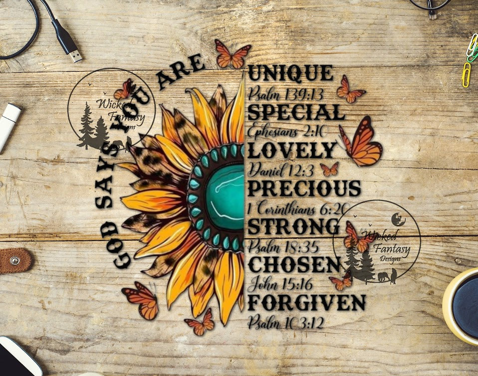 UVDTF God Says You Are Unique Special Lovely Precious Strong Chosen Forgiven Sunflower 1pc