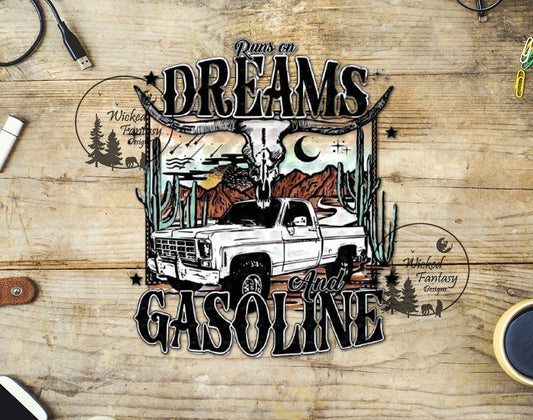 UVDTF Western Runs On Dreams And Gasoline Old Truck Western Desert Cow Skull 1pc