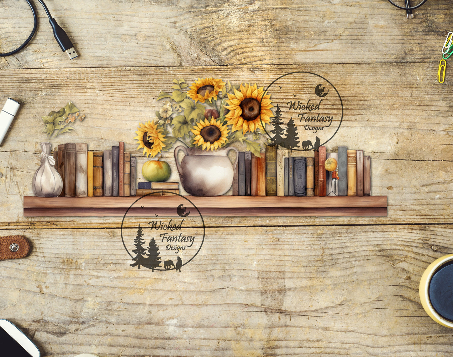 UVDTF Decal Tumbler Element Books on Shelf Sunflowers Transparent Background Sticker 1pc