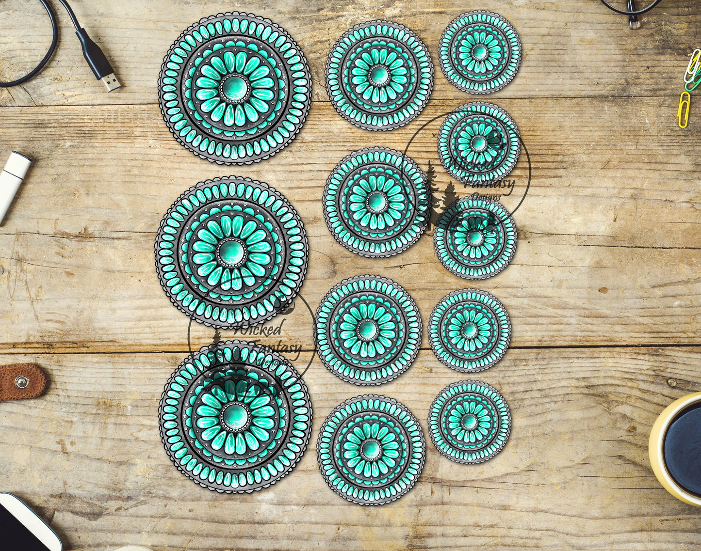 UVDTF Decal Tumbler Element Western Conchos Round Turquoise 5"x6.5" Transparent Background Sticker 1pc