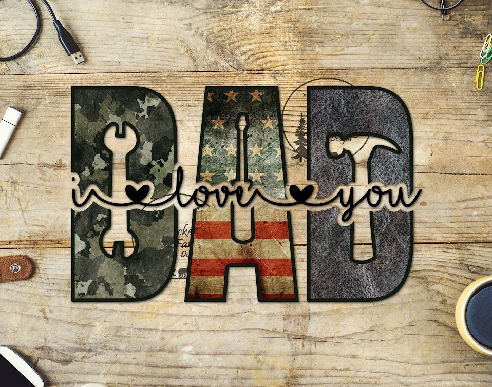UVDTF Dad I Love You Tools Heart Camo Leather American Flag 1pc