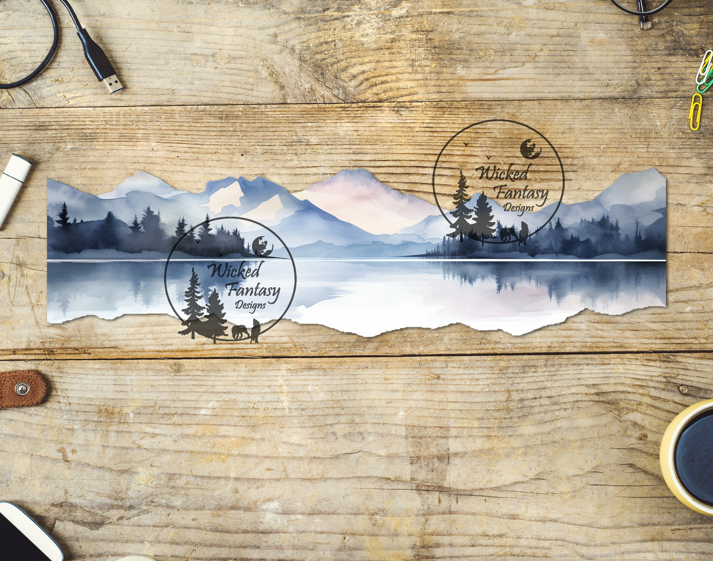 UVDTF Decal Tumbler Element Watercolor Mountains Lake and Forest Blues and Grey