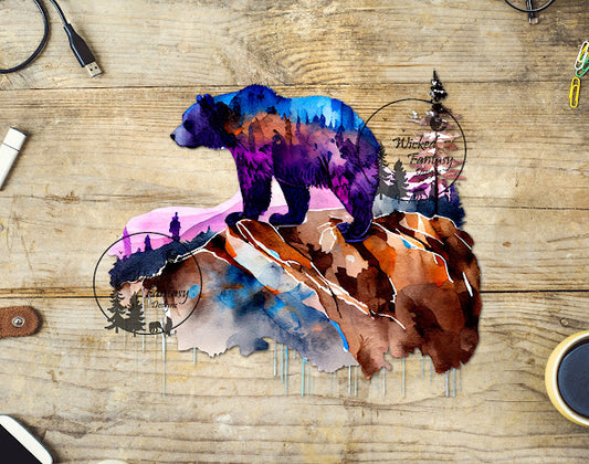 UVDTF Sunrise Colorful Wild Bear Brown Mountains and Trees 1pc