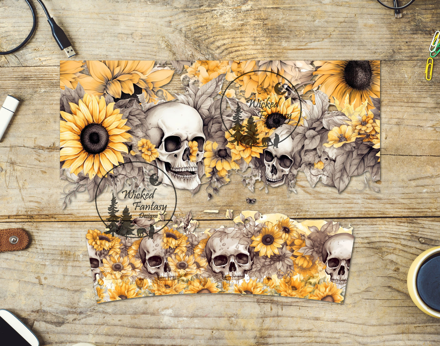 UVDTF Decal Tumbler Element 40oz Wrap Sunflower Skulls
