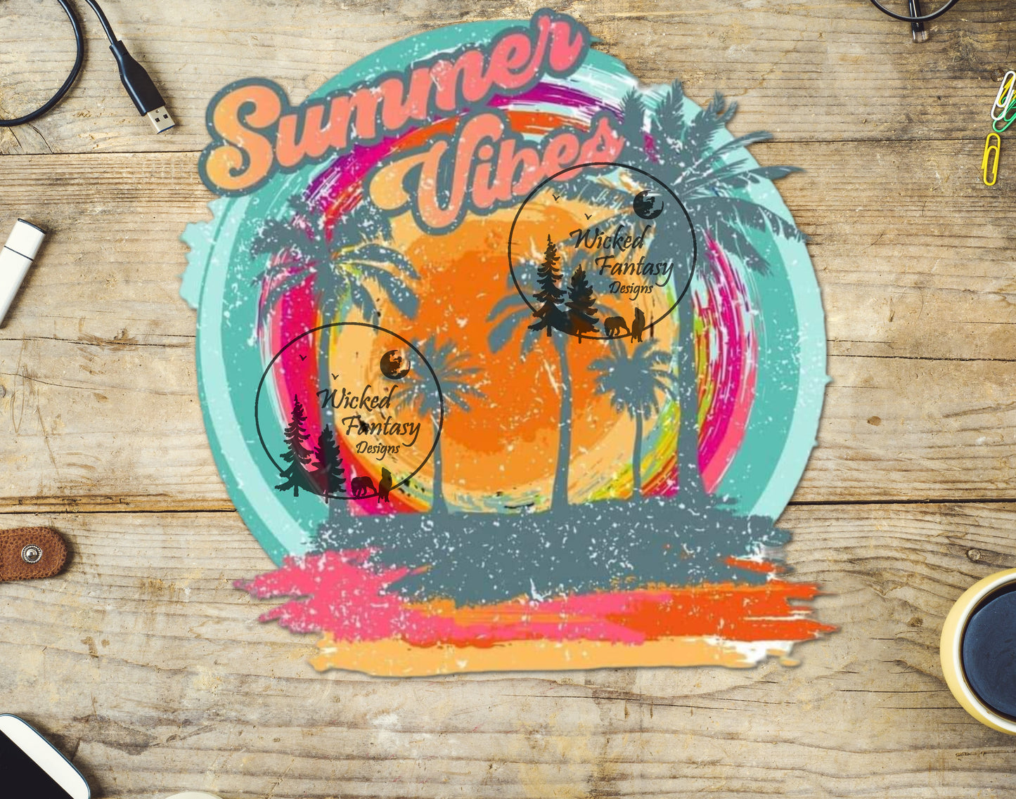 UVDTF Decal Summer Vibes Neon Sunset Palm Trees
