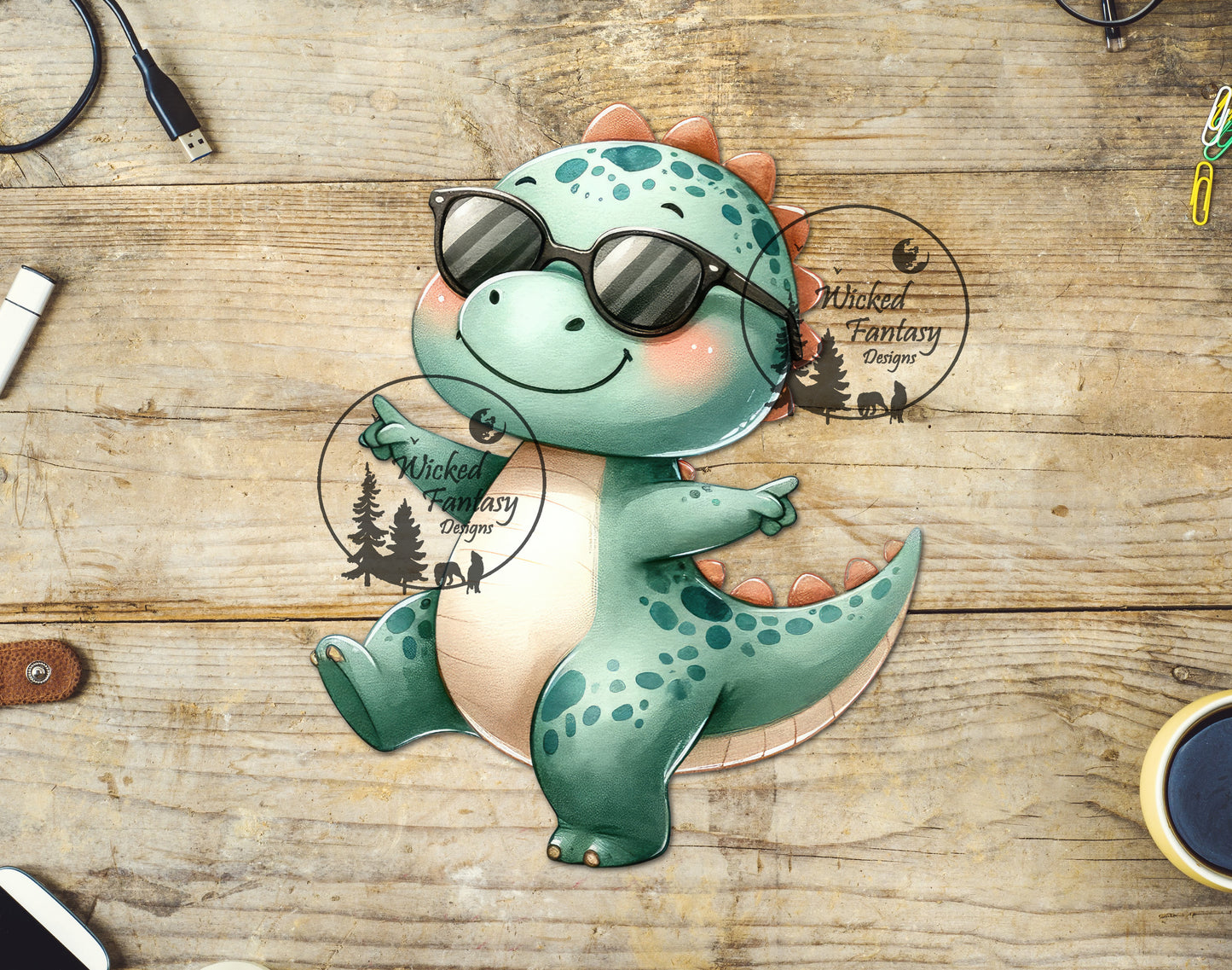 UVDTF Decal Cartoon Dinosaur with Sun Glasses