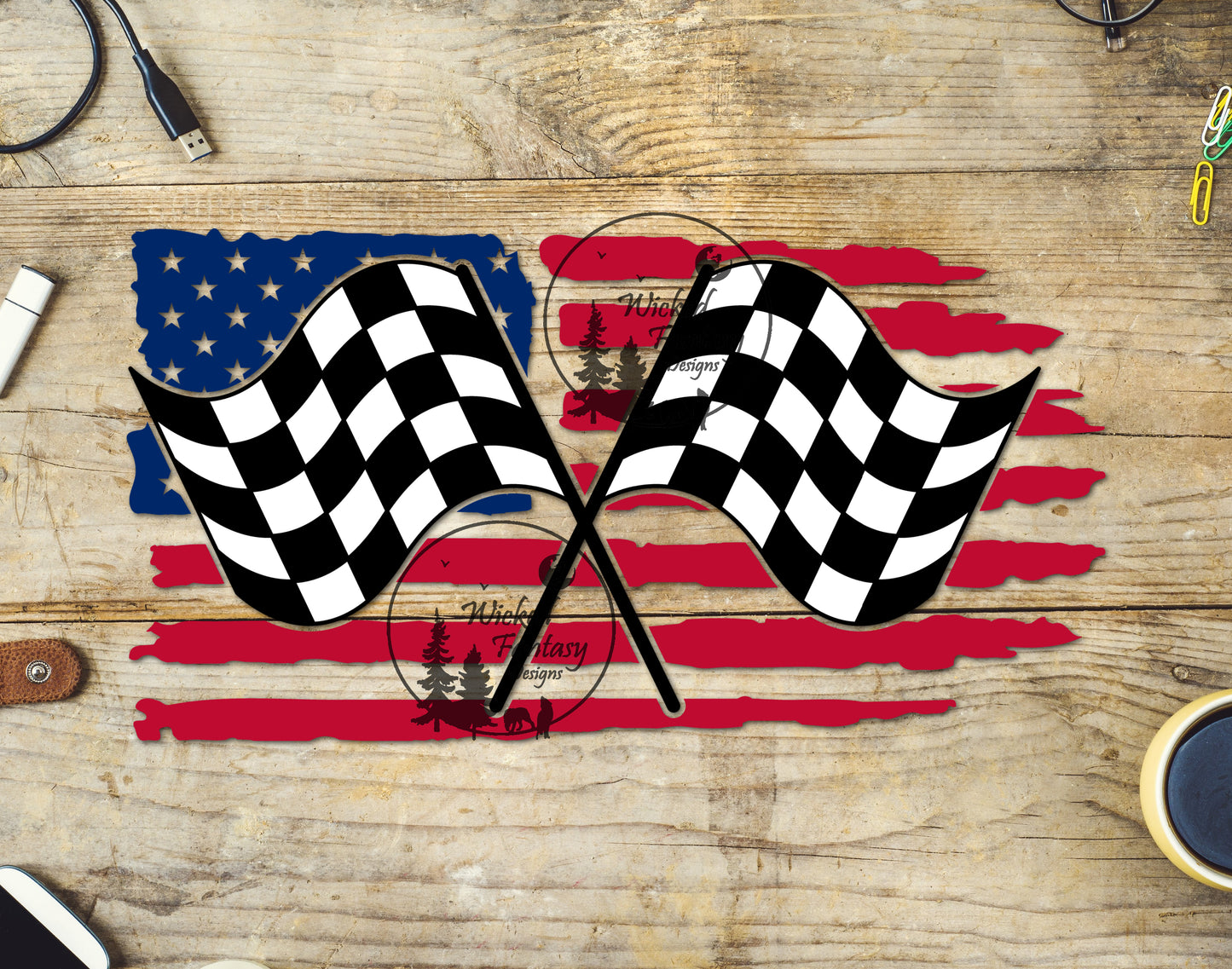 UVDTF Decal USA American Flag Horizontal and Racing Flag