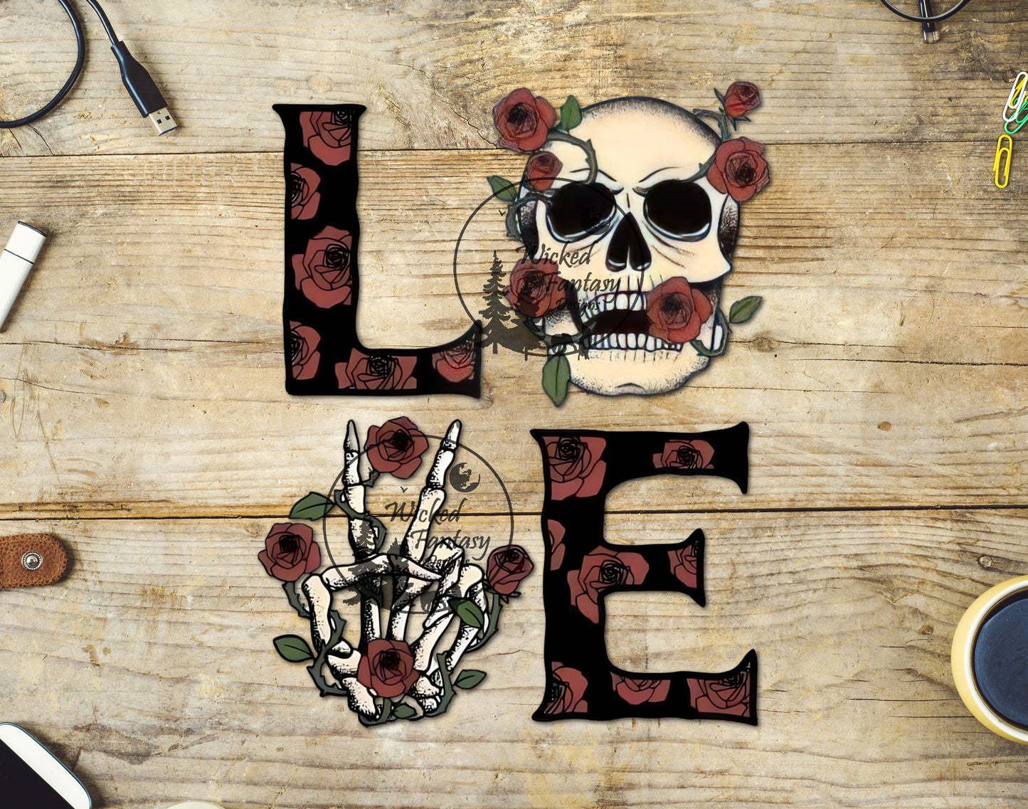 UVDTF Decal LOVE Red Roses Boho Skeleton 1pc