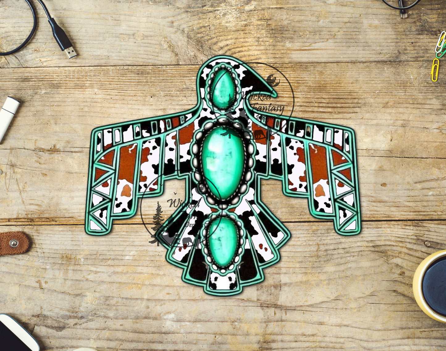 UVDTF Decal Turquoise Concho and Cowhide Thunderbird